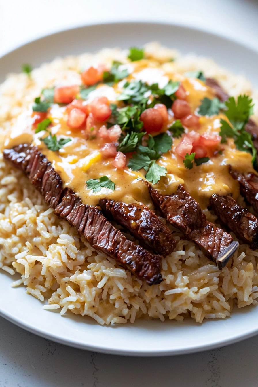 Creamy Queso Rice with Steak